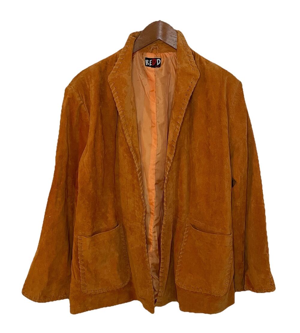 VTG 80s Orange Suede Jacket Bohemian Hippie Open Front Women Sz XL
